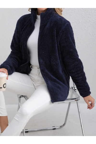 Take Two By Styli Navy Blue Fleece Zip-Up Jacket