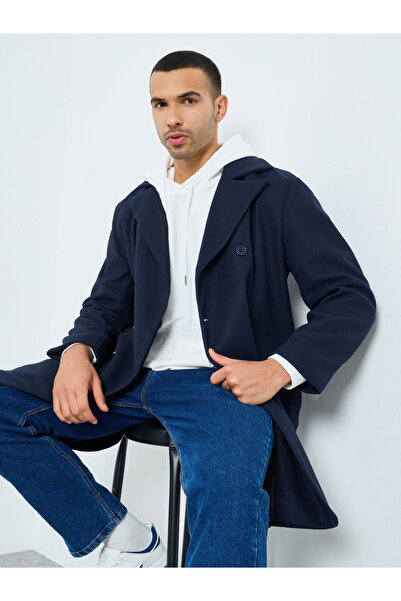 Styli Men Navy Oversized Double Breasted Wool Like Coat