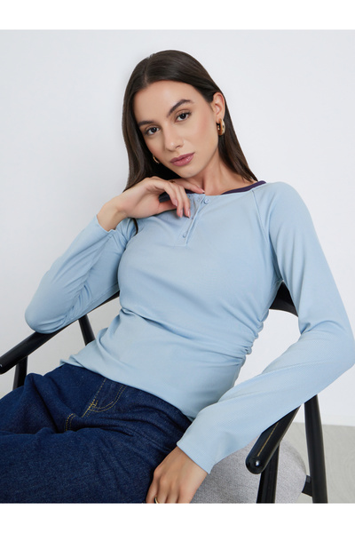 Styli تي شيرت هينلي أزرق بأكمام طويلة