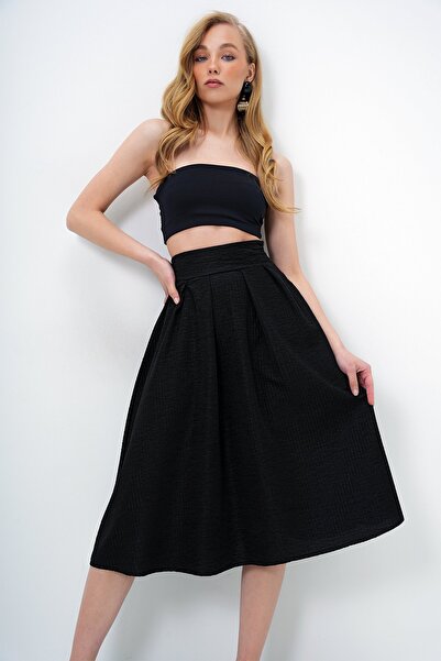 Trend Alaçatı Stili Női fekete, magas derekú, széles öves, rejtett cipzáras, midi hosszúságú texturált szoknya ALC-X13473
