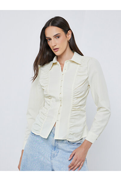 Styli Cream Ruched Front Long Sleeve Shirt