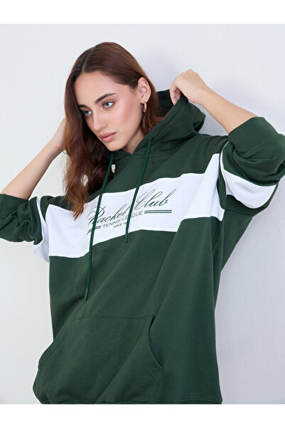 Styli Dark Green Color Block Hoodie