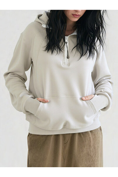 Take Two By Styli Beige Pullover Hoodie with Quarter Zip Detail