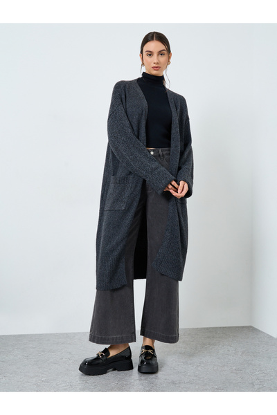 Take Two By Styli Charcoal Midi Cardigan with Patch Pocket