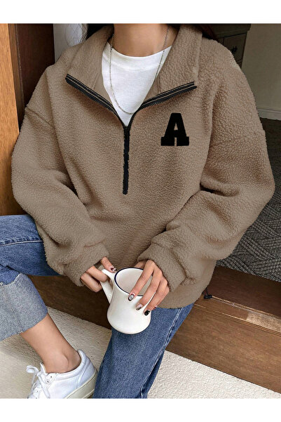 Take Two By Styli Coffee Brown Plush Sweatshirt with Letter Patch