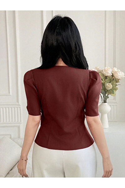 Take Two By Styli Solid Puff Sleeve Button Front Top