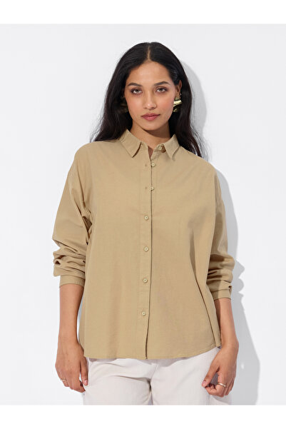 The Souled Store By Styli Beige Cotton Linen Boyfriend Shirt