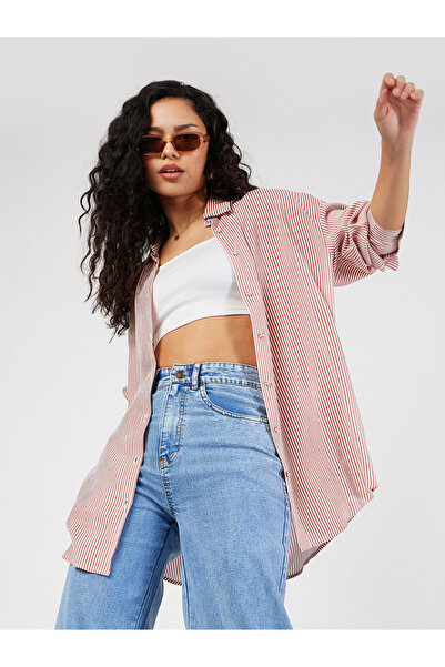 Sassafras By Styli Women Red Pinstriped Longline Oversized Shirt