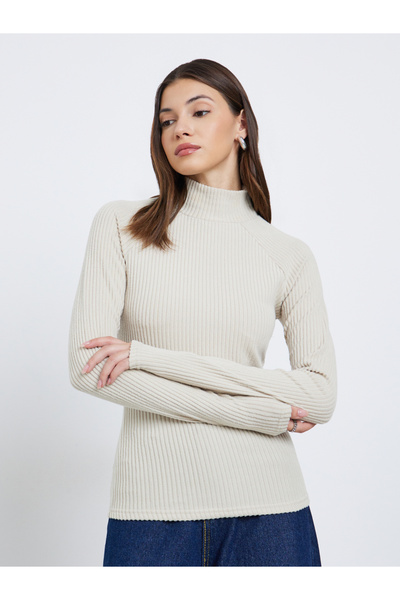 Styli Off White Ribbed High Neck Knit Top