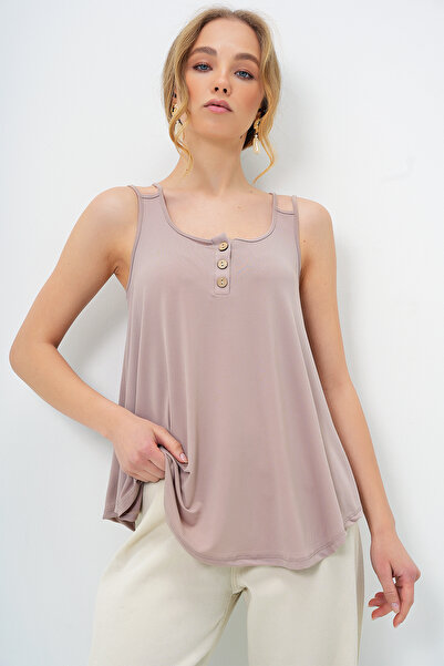 Trend Alaçatı Stili Beigefarbene Damenbluse mit U-Ausschnitt und gekreuzten T...