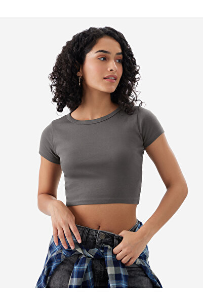 The Souled Store By Styli Grey Fitted Crop T-Shirt