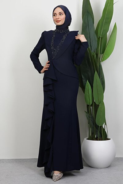 GİYZAMİLA Matilda Crepe Evening Dress Navy Blue