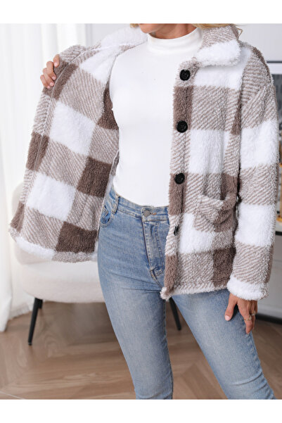 Take Two By Styli Women Checked Button Front Pocket Detail Plush Coat