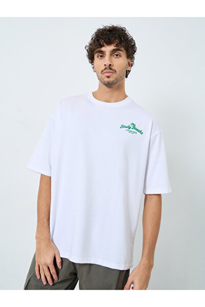 Styli Men White Front Chest and Back Print Oversized Terry T-Shirt