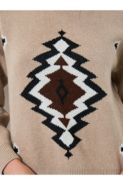 Take Two By Styli Beige Tribal Pattern Knit Sweater