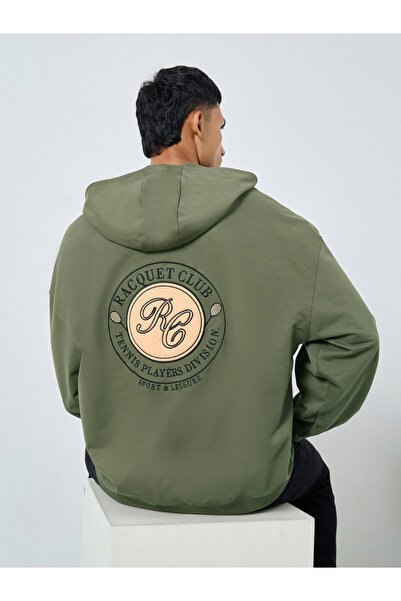 Styli Men Olive Oversized Back Embroidered Fleece Hoodie