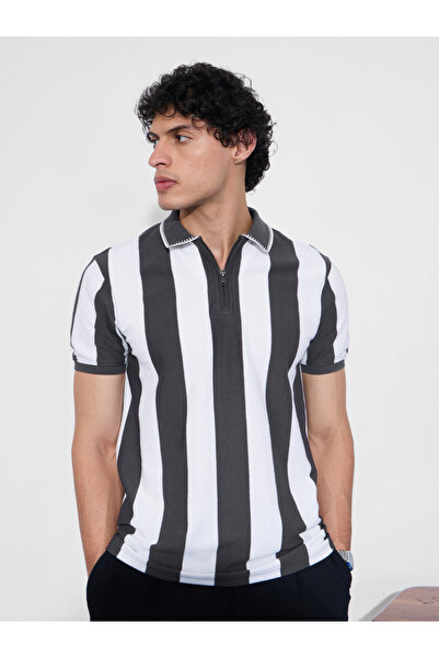 The Souled Store By Styli Men Grey Striped Textured Polo