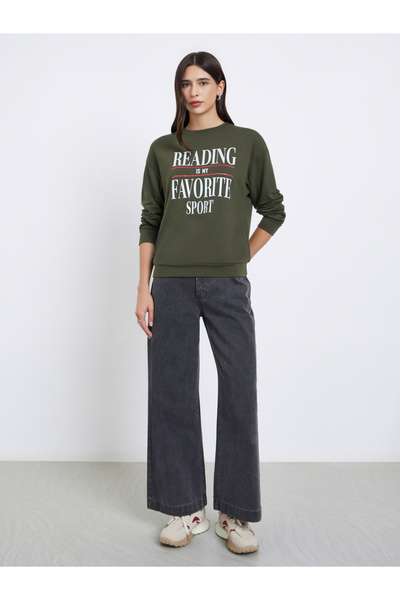 Take Two By Styli Olive Slogan Print Long Sleeve T-Shirt