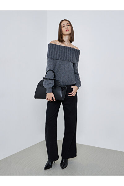 Styli Grey Regular Fit Off Shoulder Flat Knit Sweater