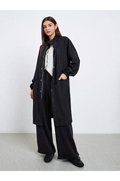 Styli Black Oversized Utility Coat with Drawstring