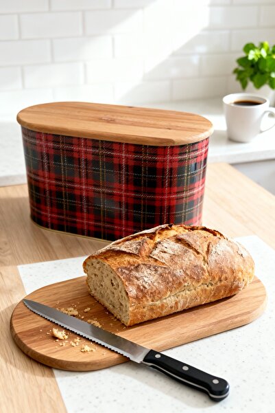 EVLE Metal Bread Box with Plaid Pattern Wooden Cutting Board, 10.4 Lt