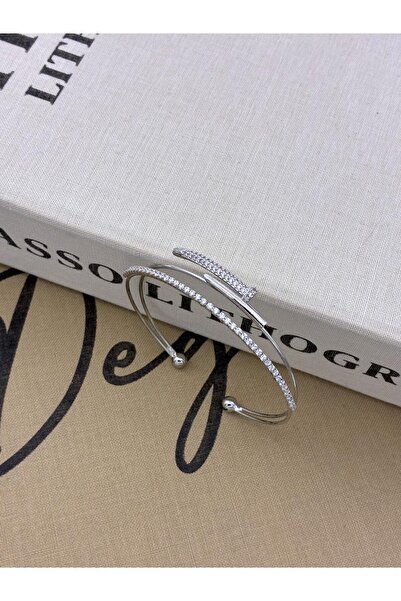 Hedef Bijuteri Silver Color Adjustable Two Row Zircon Stone Nail Detailed Bracelet