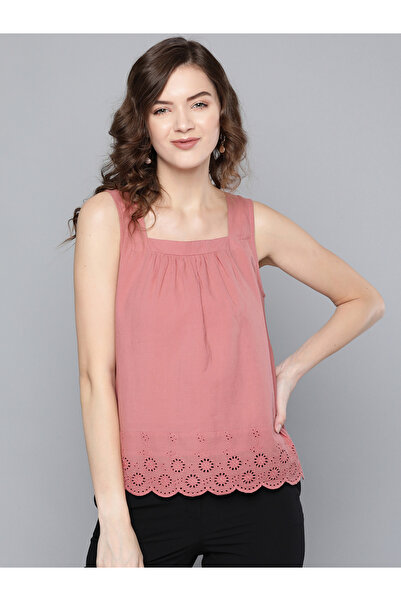 Sassafras By Styli Women Pink Schiffli Detail Square Neck Top