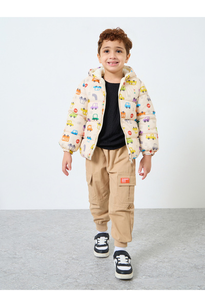 Styli Boys Cream Graphic Puffer Jacket with Hood