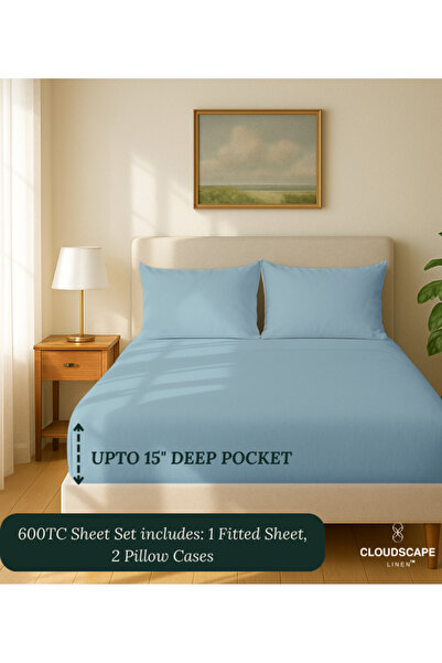 Cloud Scape Linen 600 Thread Count 100% Egyptian Cotton Bedsheet and Pillowcase Set (180x200 cm)