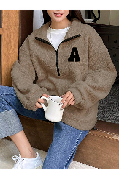 Take Two By Styli Coffee Brown Plush Sweatshirt with Letter Patch