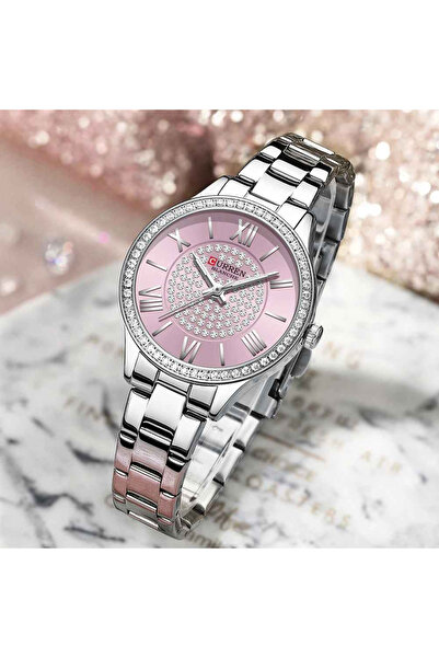 Curren Ceas de damă, cuarț, cadran argintiu cu violet, cristal de safir, brățară metalică