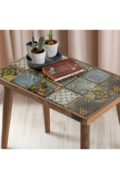 bluecape Orta Boy Seramik Sehpa Dikdörtgen Ağaç Çerçeve Kahve Sehpası 32x52 C...