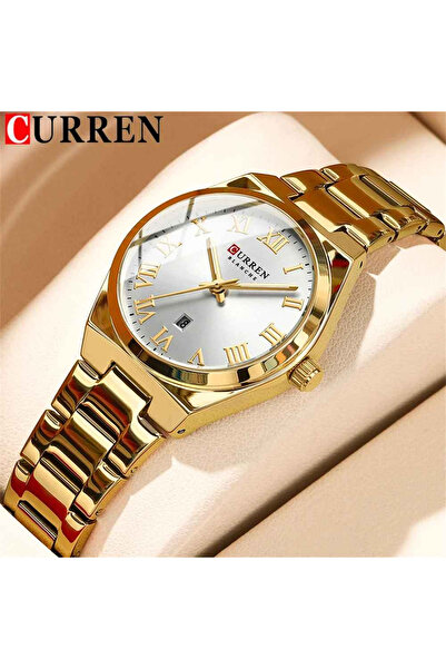 Curren 9095L Women's Watch Full Gold, White Dial, Elegant, Quartz with Calendar, Metal Bracelet