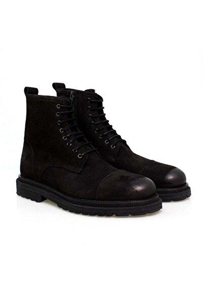 FRANCO CALVANI Black Color Lace-Up Genuine Leather Nubuck Men's Boots