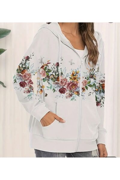 Dumantekstil Flower Printed Kangaroo Pocket Long Sleeve Zipper Hoodie Sweatshirt