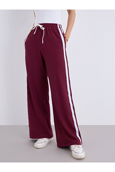 Styli Burgundy Side Seam Taping Detail Wide Leg Joggers