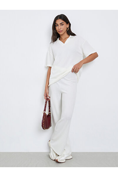 Styli Off White Ribbed Knit Wide Leg Pants