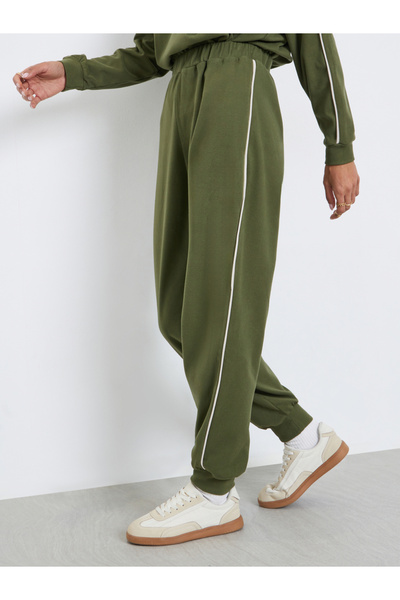 Styli Women Green Plain Relaxed Fit Joggers with Piping Detail