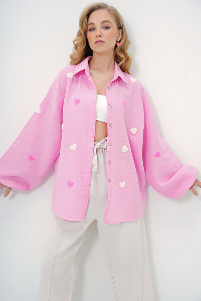 Trend Alaçatı Stili Tričko Candy Pink Oduncen Heart Embroidered Oversize ALC-X13791
