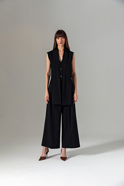 Berr-ın Shawl Detailed Striped Vest Black