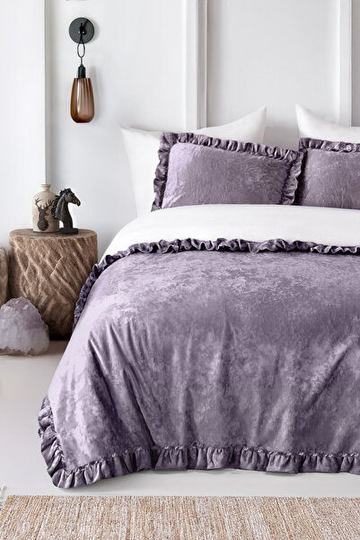 HAMUR Crush Hare Efektli Çift Kişilik Yatak Örtüsü Seti 2 Yastık Kılıfı Fırfırlı Saten Parlaklığı Mürdüm