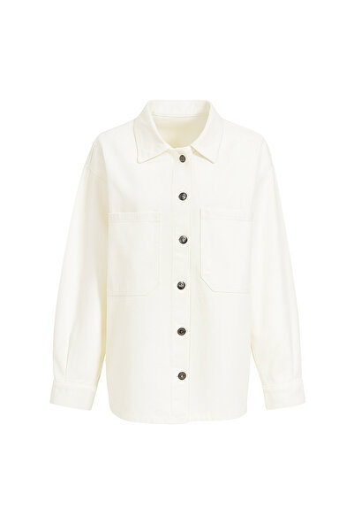 Trend Alaçatı Stili Ecrufarbene, gewaschene Oversize-Jeansjacke mit zwei Taschen für Damen ALC-X8152