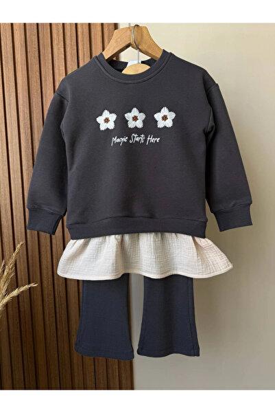 Kidmark Çocuk Modası Girl's Daisy Detailed 100% Cotton Top and Bottom Set