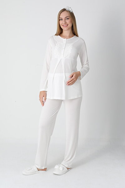 LOHOUSE Women's Jacquard Quilted Shawl Collar Cotton Winter Maternity Pajama Set with Dressing Gown 3-Piece Pajama Set