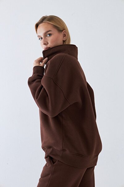 The Champ Clothing Unisex oversized Φούτερ Βασικό Καφέ – Μισό φερμουάρ ψηλός λαιμός , 3 Κλωστές Σ επένδυση fleece Φλις