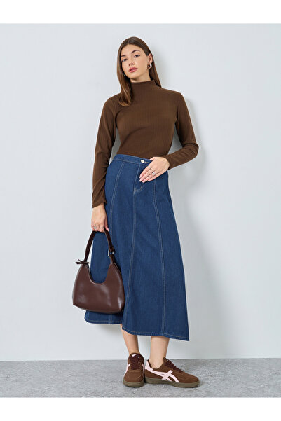 Styli Dark Blue Solid Panelled A-Line Midi Denim Skirt