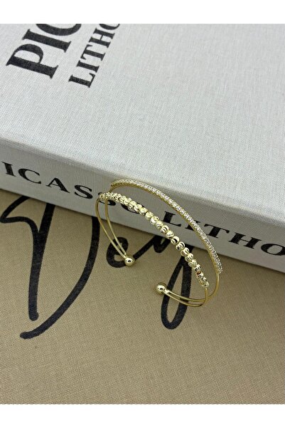 Hedef Bijuteri Gold Color Adjustable Two Row Dorica and Zircon Stone Detailed Bracelet