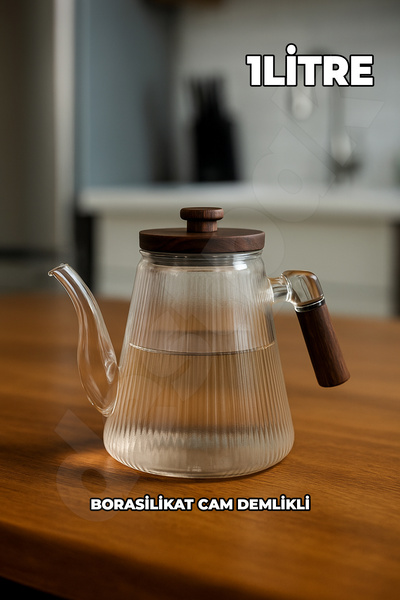 Destpak إبريق شاي زجاجي مع غطاء ومقبض من خشب السنط - مقاوم للحرارة - إبريق زج...