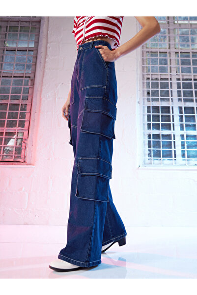 Sassafras By Styli Women Blue High Rise Contrast Stitch Cargo Straight Jeans