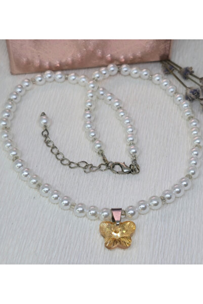 Amma Design Butterfly Glow - handmade necklace with white pearls and yellow butterfly pendant
